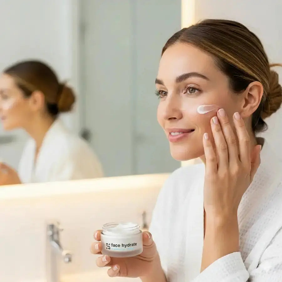 foto di una donna che utilizza una crema idratante con acido ialuronico